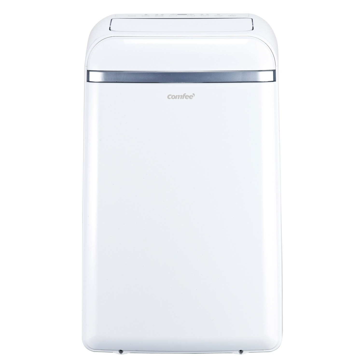 Weiße Comfee Mobile Klimaanlage Pro mit silbernem Akzentband. Ideal zur Raumkühlung.
