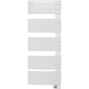 Weißer, gebogener Sanotechnik Badheizkörper Salzburg, elektrisch betrieben, 1380x550 mm.