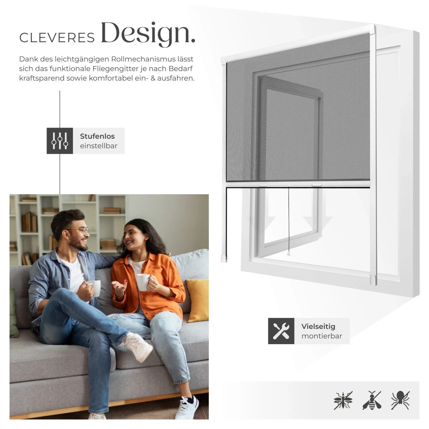 Tectake Aluminium Insektenschutzrollo  Mit Bürstendichtungen Individuell Kürzbar 90 x 160 cm 5 x 90 x 160 cm Weiß_4
