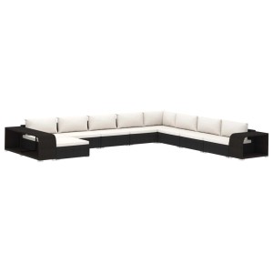 Schwarzes vidaXL Garten-Lounge-Set aus Rattan mit cremeweißen Auflagen, 11-teilig.