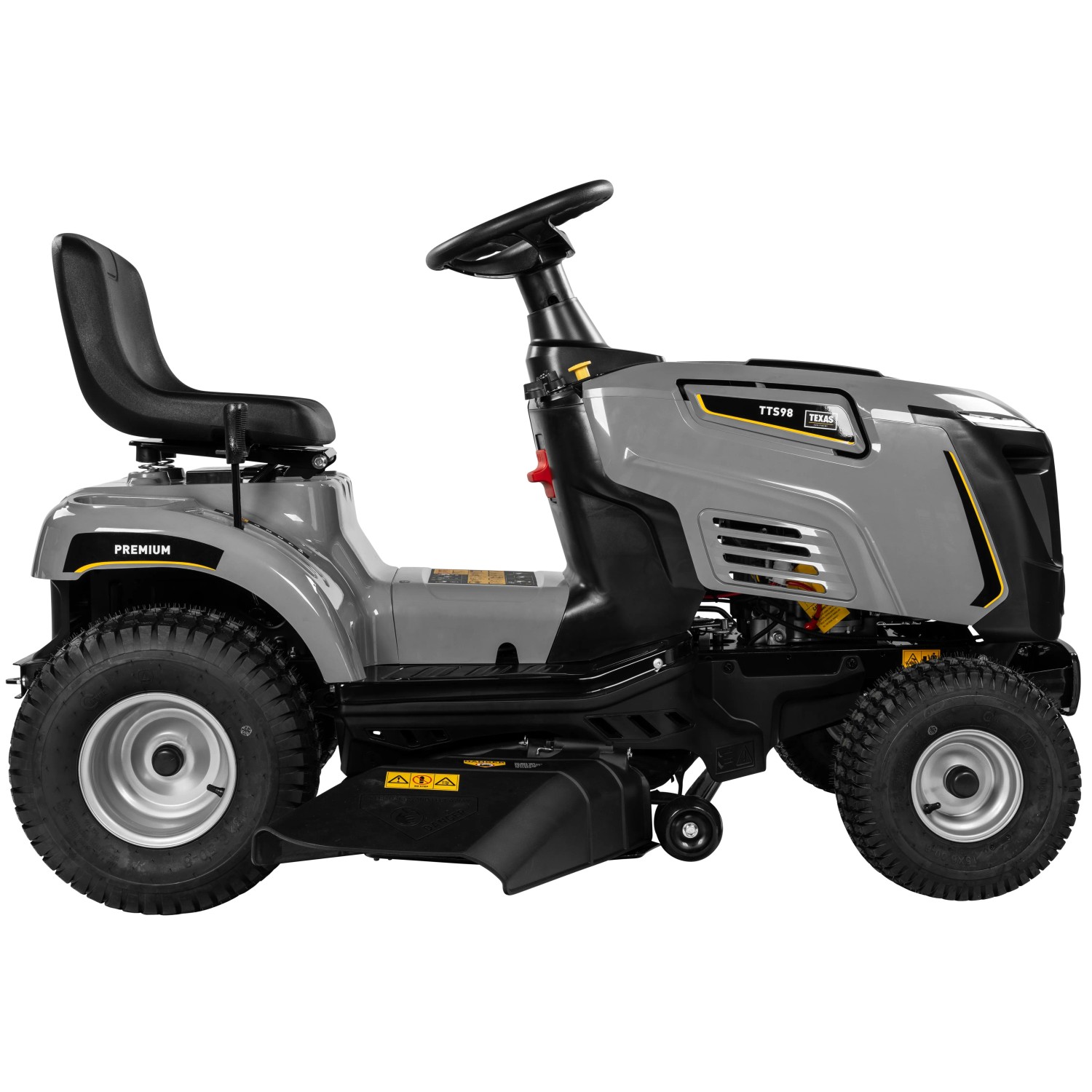 Texas Premium TTS98 Rasentraktor in Grau: 98 cm Schnittbreite, Seitenauswurf, komfortabler Sitz.
