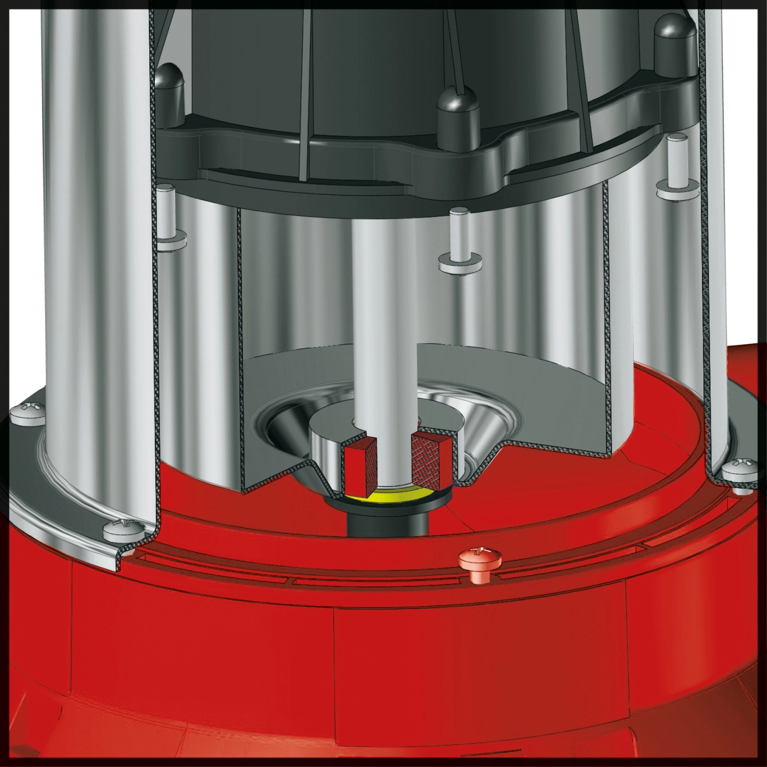 Schnittansicht der Einhell GC-DW 900 N Tauchdruckpumpe mit Edelstahlgehäuse und roter Basis.