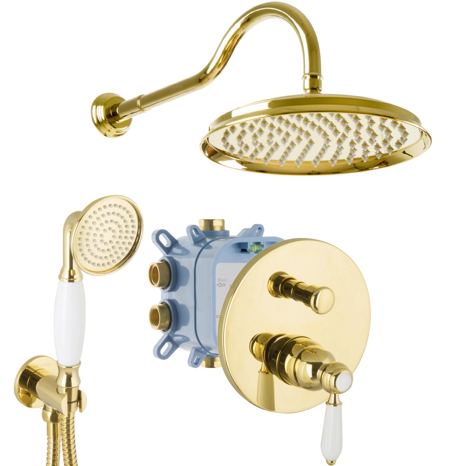 PaulGurkes Duschsystem Unterputz Gold Einhandmischer Nostalgie Retro Landhausstil Dusch-Set 25cm