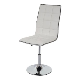 Weißer Esszimmerstuhl C41 aus Kunstleder mit quadratischer Steppung, schwarzer Kante und verchromtem Standfuß, höhenverstellbar.