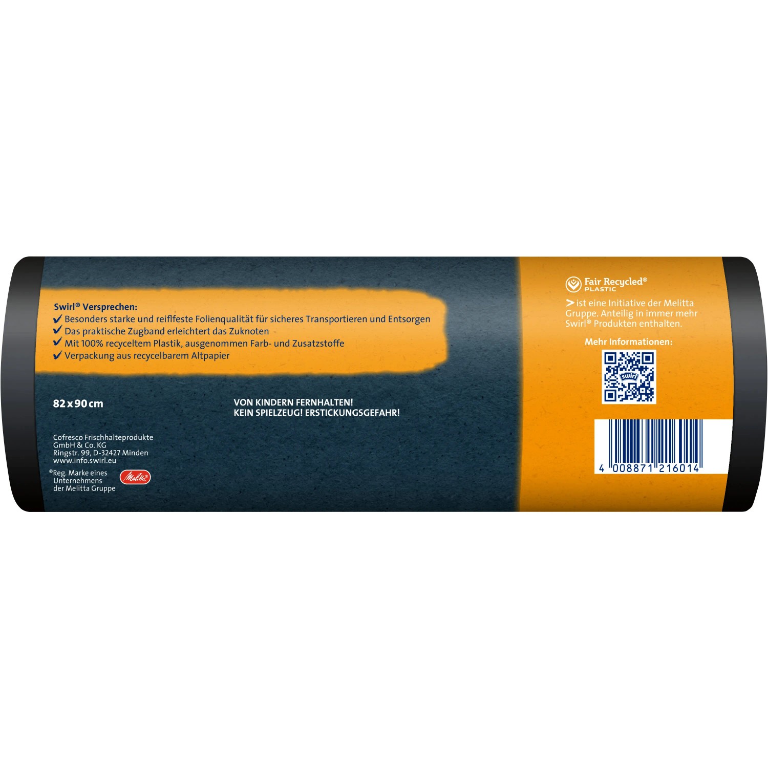 Swirl Profi Schwerlast-Abfallsäcke, 120L, 12 Stück, Rolle mit blauer und gelber Banderole.