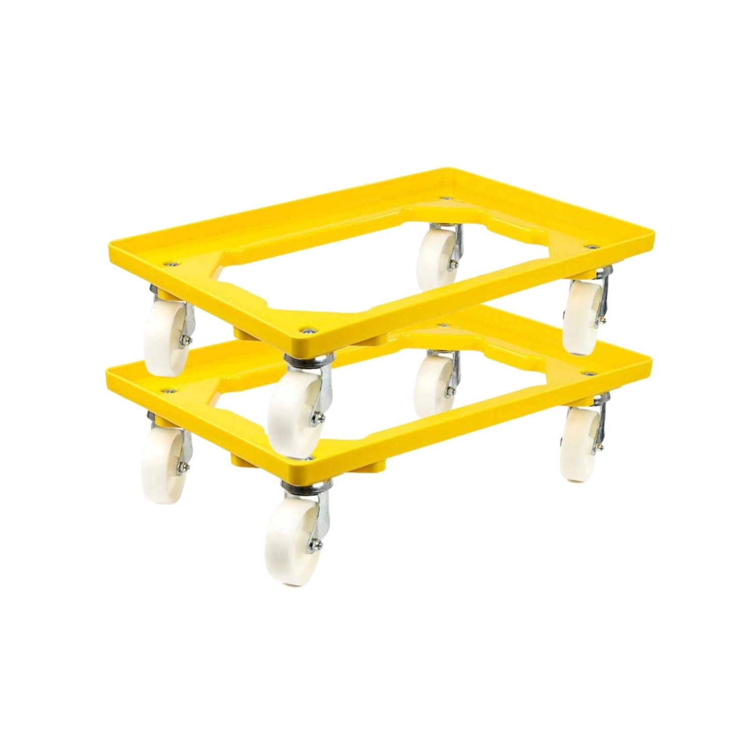 Set aus 2 gelben PROREGAL Transportrollern für Euroboxen (60x40 cm) mit Kunststoffrädern, Traglast 300 kg.