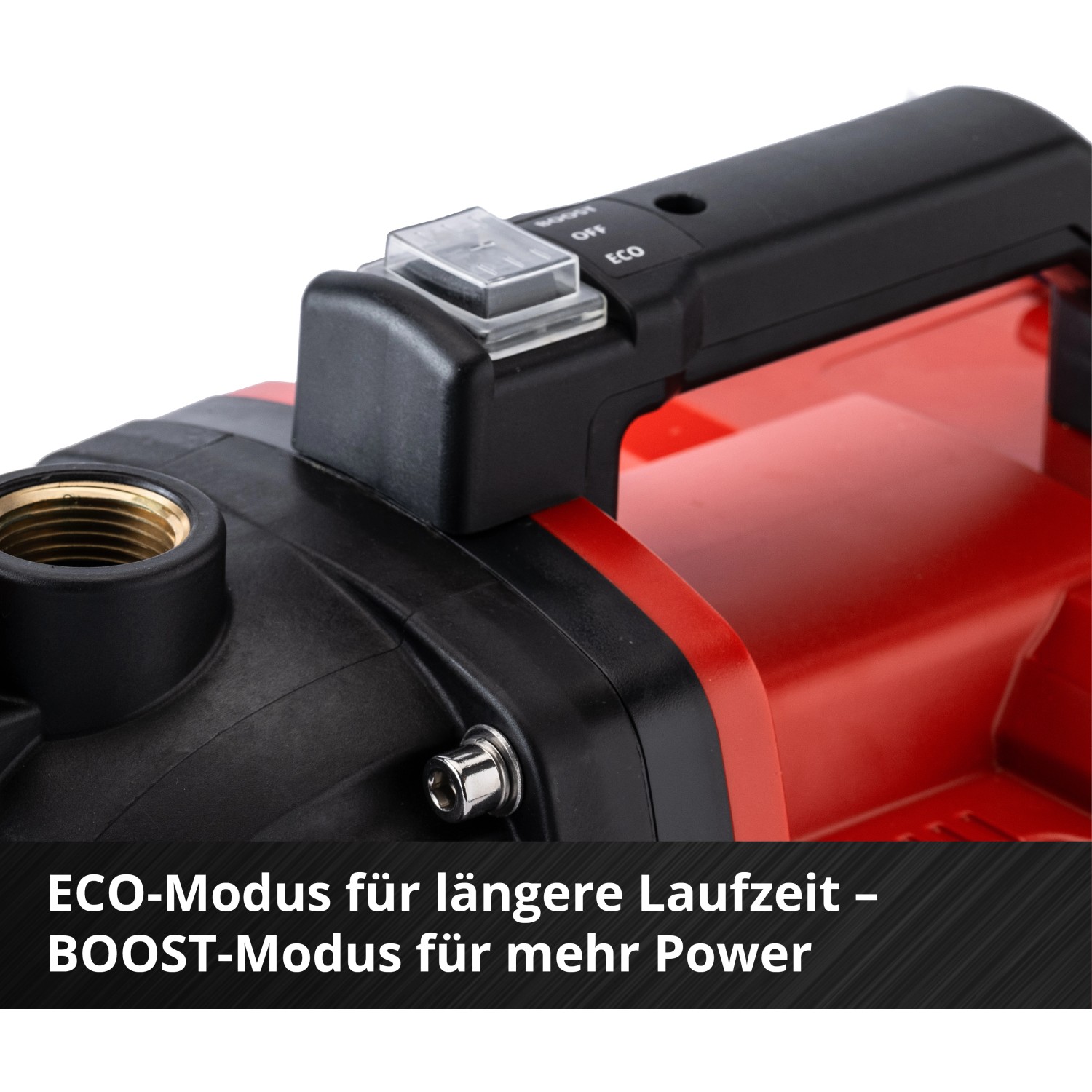 Detailaufnahme: Einhell Aquinna Akku-Gartenpumpe mit Eco- und Boost-Modus. Ideal für flexible Gartenbewässerung.