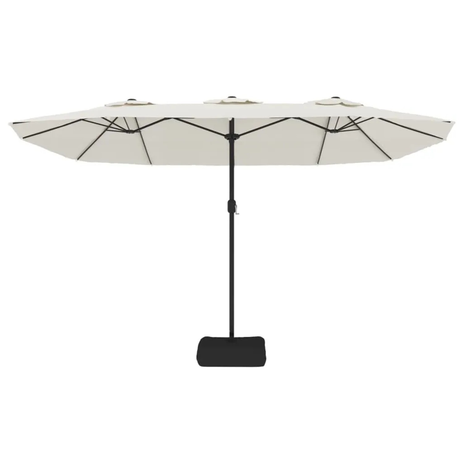 Großer sandweißer Doppel-Sonnenschirm mit LED-Leuchten und dunklem Mast auf weißem Hintergrund.