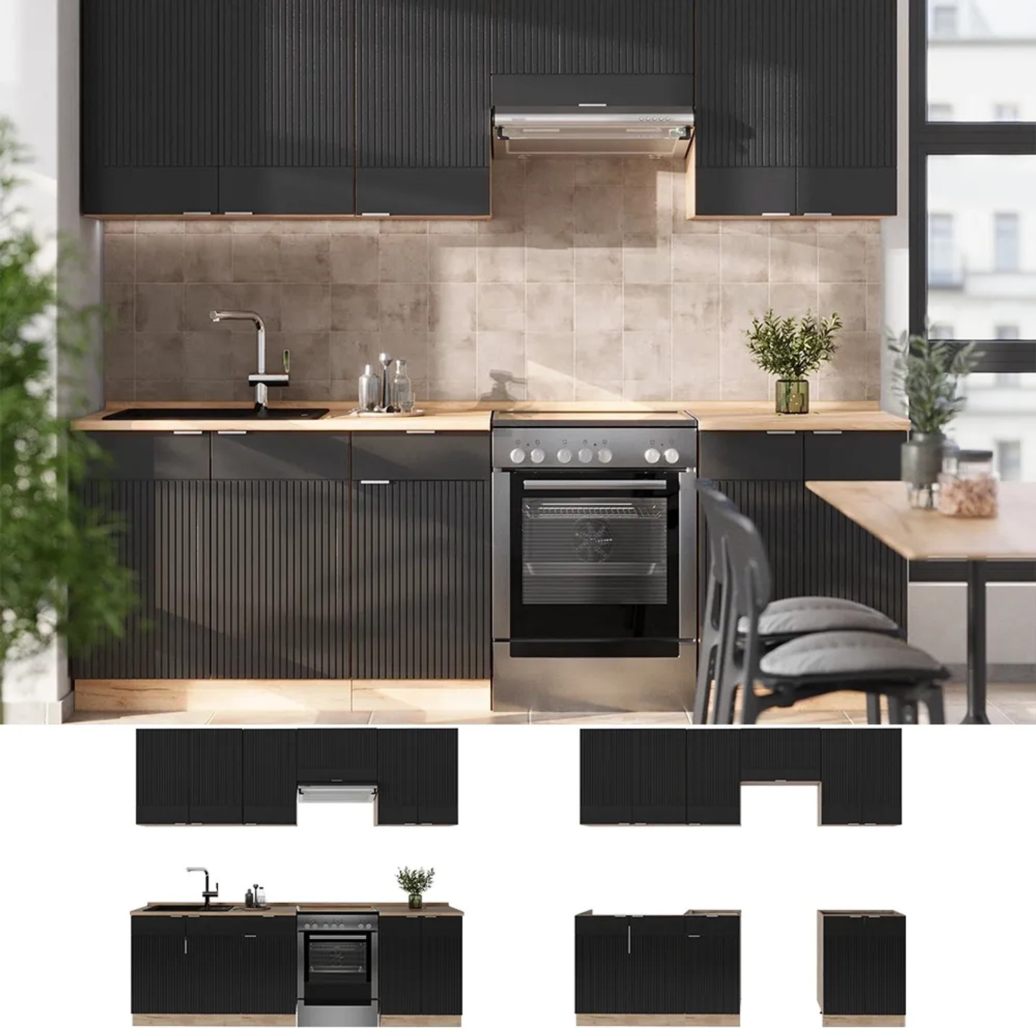 Vicco Küchenzeile Fame-Line, 240 cm, Schwarz/Eiche, ohne Arbeitsplatte. Küchenblock mit Stauraum.