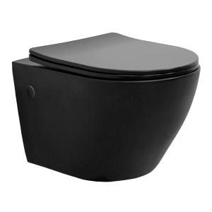 Schwarz matte, spülrandlose Hänge-WC von ECD Germany mit Softclose WC-Sitz.