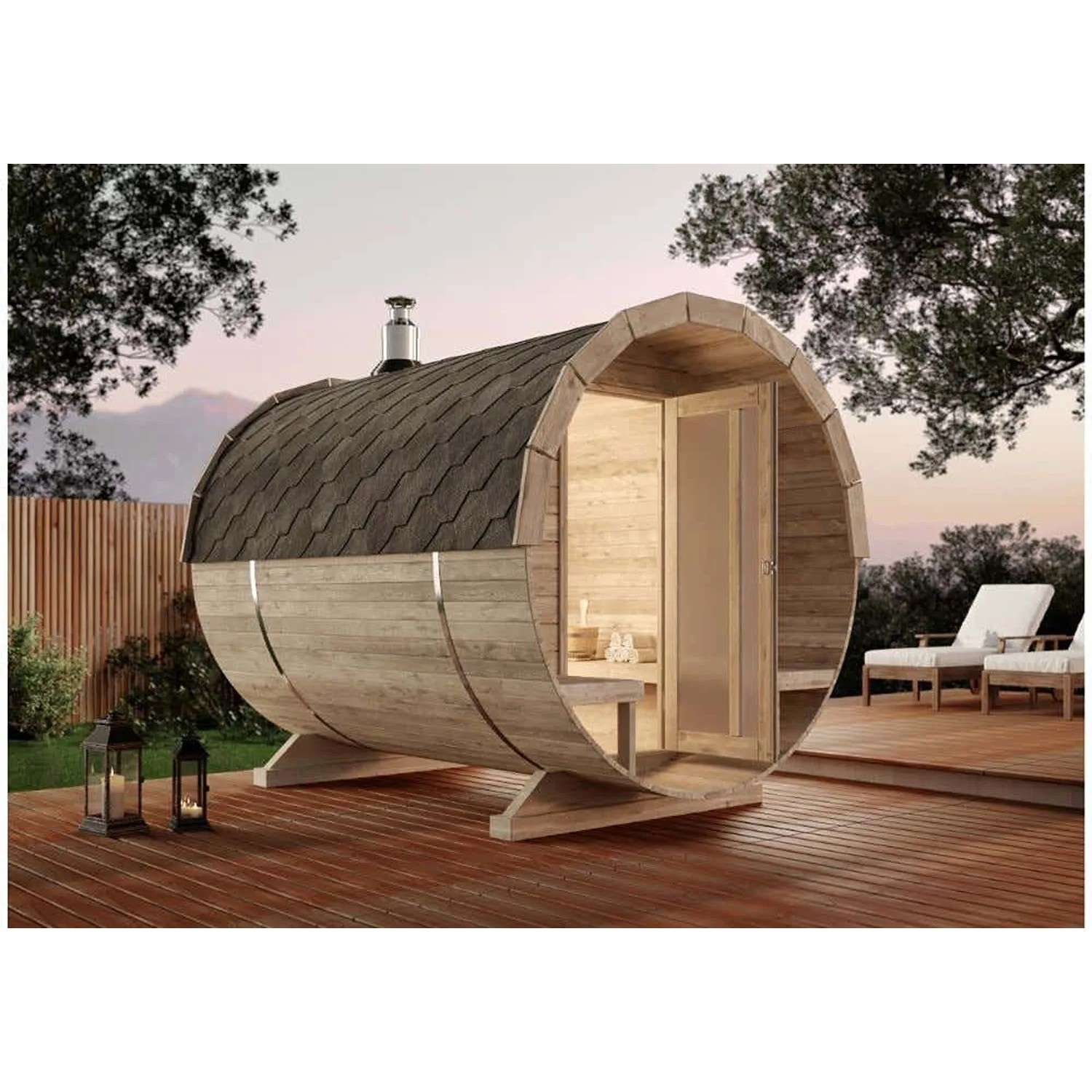 Finntherm Fasssauna Carrie aus Thermoholz, braun, mit Dachschindeln und Terrasse.