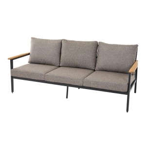 Siena Garden Loungeset Liguria, 3-teilig, anthrazitgrau mit Teakholz-Armlehnen und grauen Kissen.