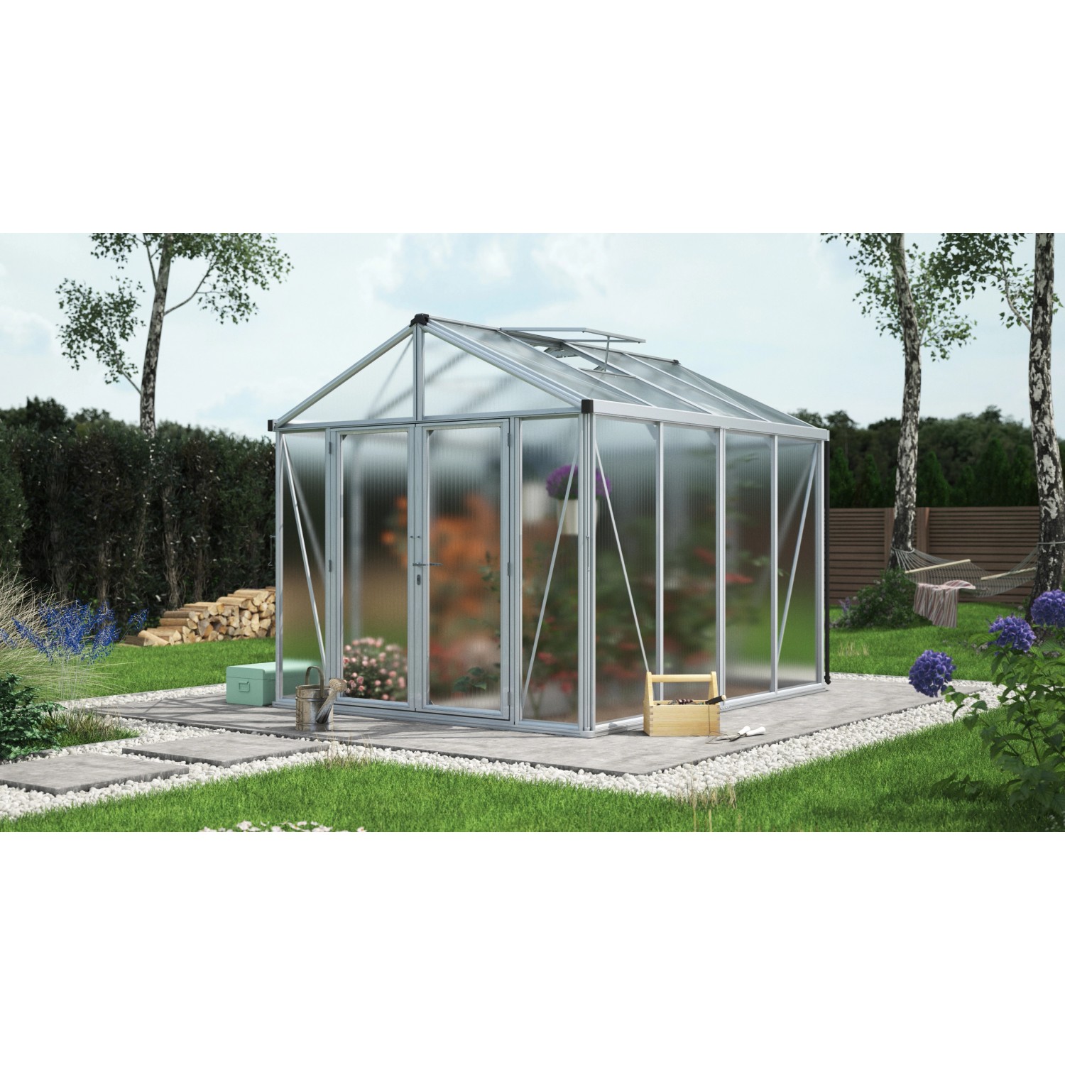 Vitavia Gewächshaus Zeus Comfort 8100 HKP mit Alu-Rahmen und Hohlkammerplatten im Garten.