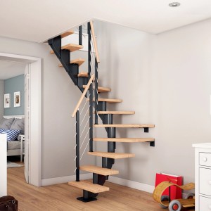 Dolle Mittelholmtreppe Frankfurt, Eiche/Weiß/Anthrazit, 1/2 gewendelt, mit Geländer.