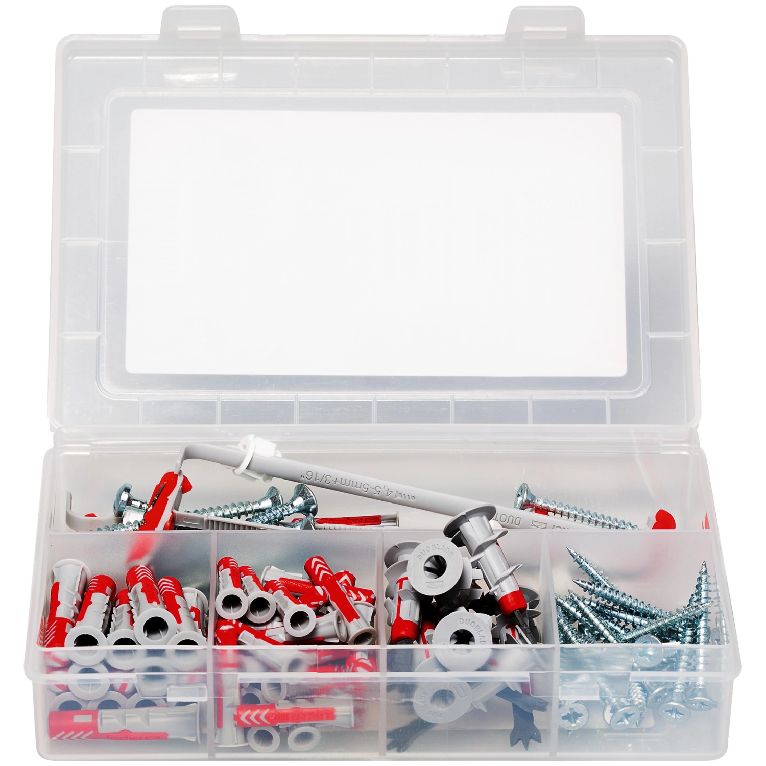 Fischer Meister-Box mit Dübeln und Schrauben (91 Teile) in transparenter Kunststoffbox.