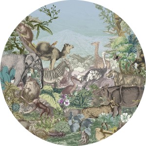 Komar runde Tapete Animal Kingdom, Multicolor, Ø 125 cm, mit Tier-Motiven wie Elefant, Löwe, Zebra und Giraffe.