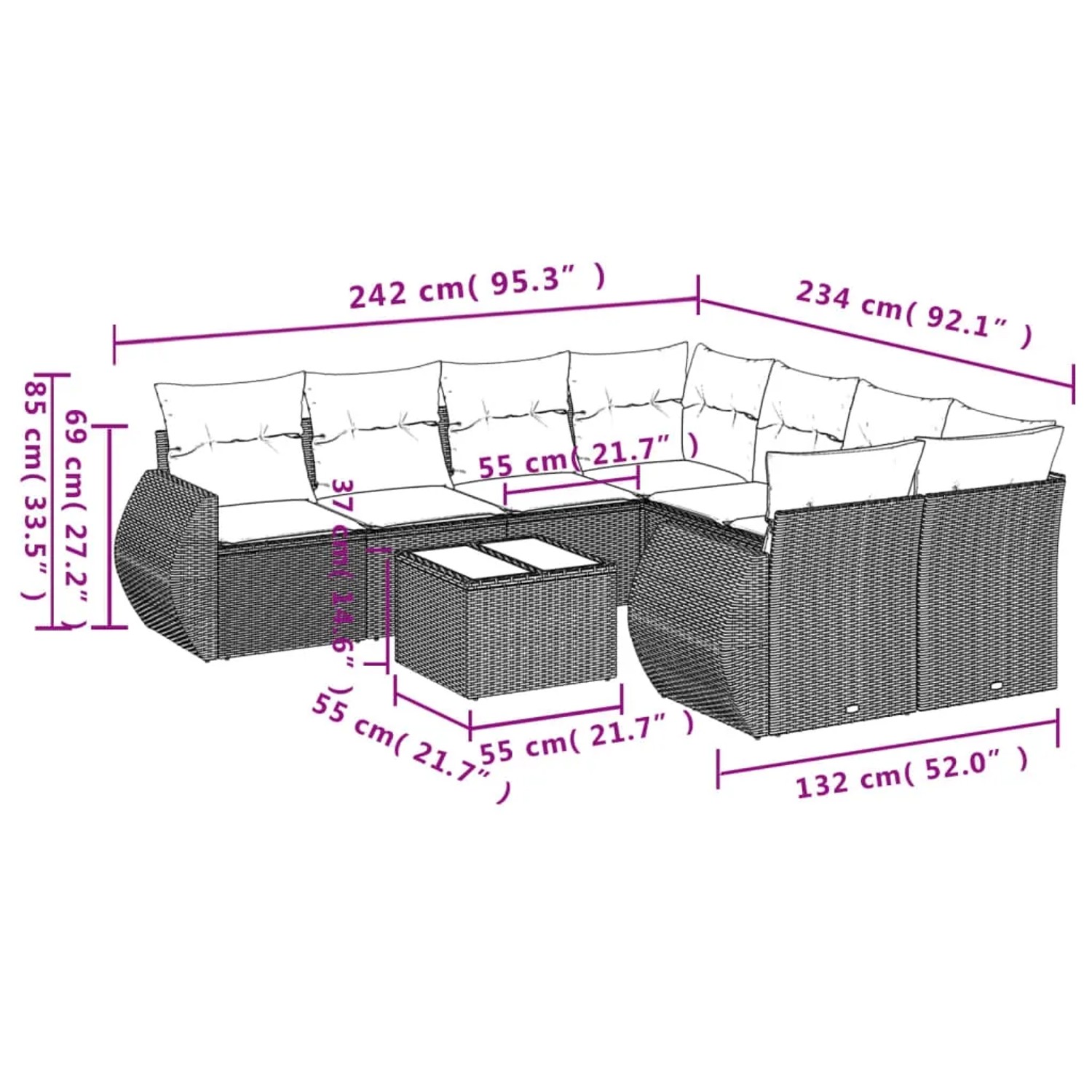 Beige 9-teilige Garten-Sofagarnitur aus Polyrattan mit Kissen. Gartenmöbel für Terrasse und Garten.