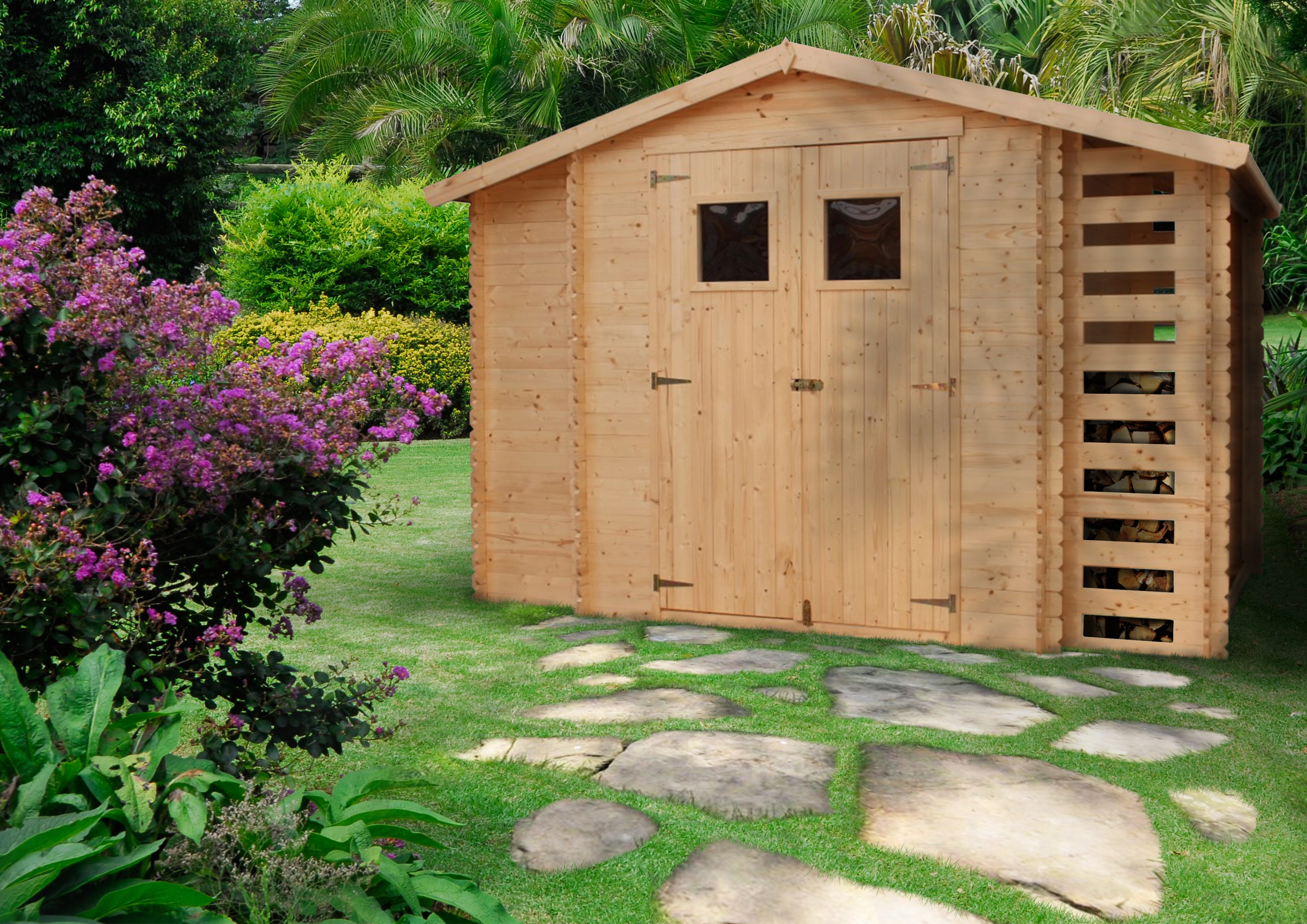 Timbela Holz-Gartenhaus mit Brennholzregal M389+M389G 5,47 m² mit Boden  kaufen bei OBI