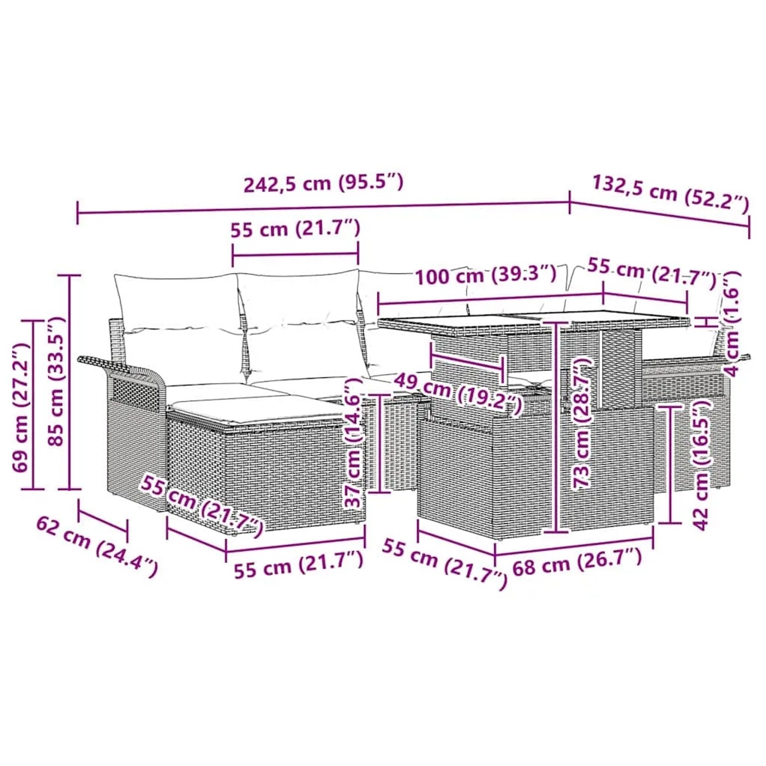 Graues 7-teiliges vidaXL Garten-Sofa-Set aus Polyrattan mit Tisch und Kissen.