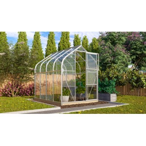 Vitavia Gewächshaus Orion 5000 aus Alu, 5 m², mit geöffneter Tür im Garten.