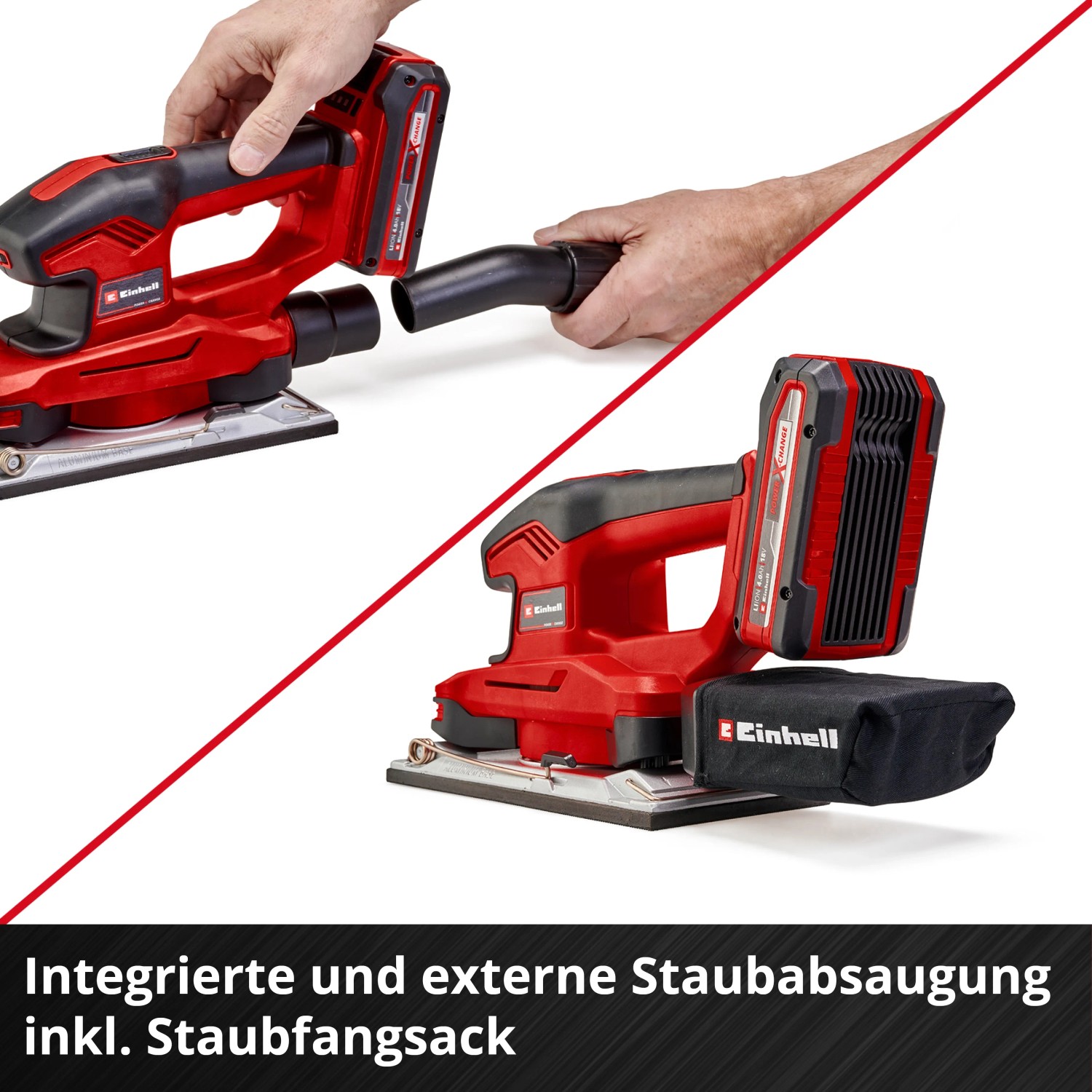 Einhell Akku-Schwingschleifer TE-OS 18/230 Li Solo mit Staubfangsack und Absaugadapter.