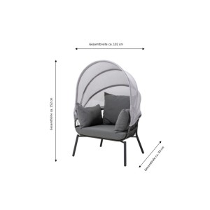 Leco Sessel Clara Anthrazit mit Fußhocker und Sonnendach, Maße eingezeichnet.
