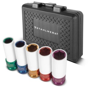 STAHLWERK Schlagschrauber Nüsse Set (15-22 mm) mit Transportbox. Farbcodiert für schnelle Größenwahl.