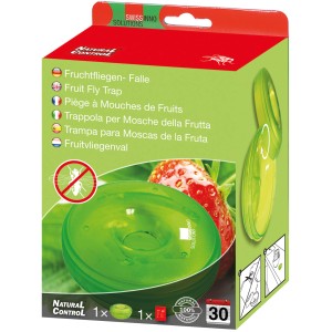 Swissinno Fruchtfliegenfalle Natural Contral im Karton, grüne Falle mit Erdbeere im Hintergrund.
