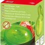 Swissinno Fruchtfliegenfalle Natural Contral im Karton, grüne Falle mit Erdbeere im Hintergrund.