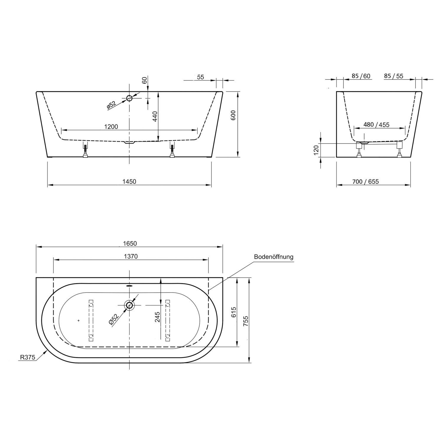 Technische Zeichnung der Ottofond Badewanne Modena XS, ovale Badewanne mit Maßen.