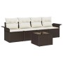 Braunes 5-tlg. vidaXL Garten-Sofa-Set aus Poly Rattan mit Tisch und cremefarbenen Kissen.
