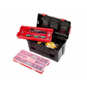 Offene, schwarze PARAT Werkzeugbox PROFI-LINE Allround L mit rotem Trageeinsatz und Kleinteilemagazin.