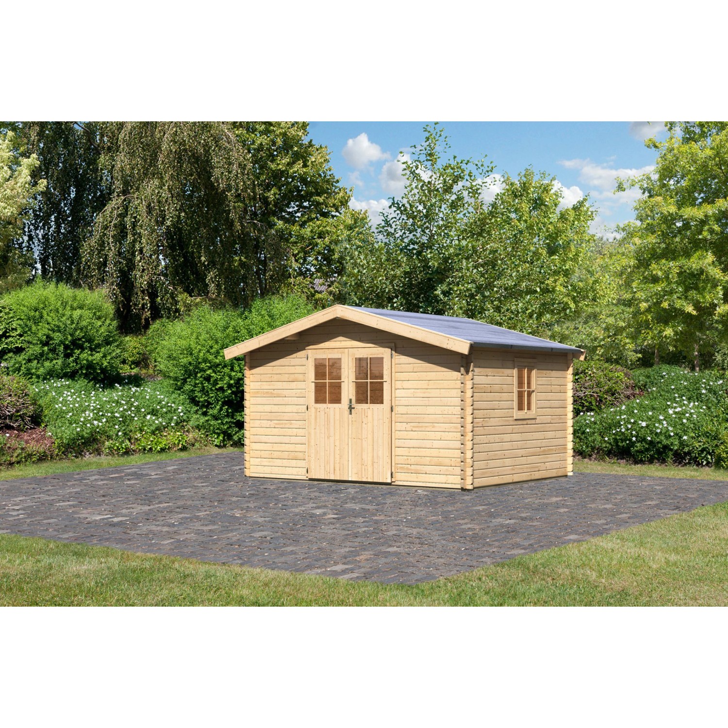 Karibu Holz-Gartenhaus Mahlheim Natur Satteldach Unbehandelt 372 cm x 282 c günstig online kaufen