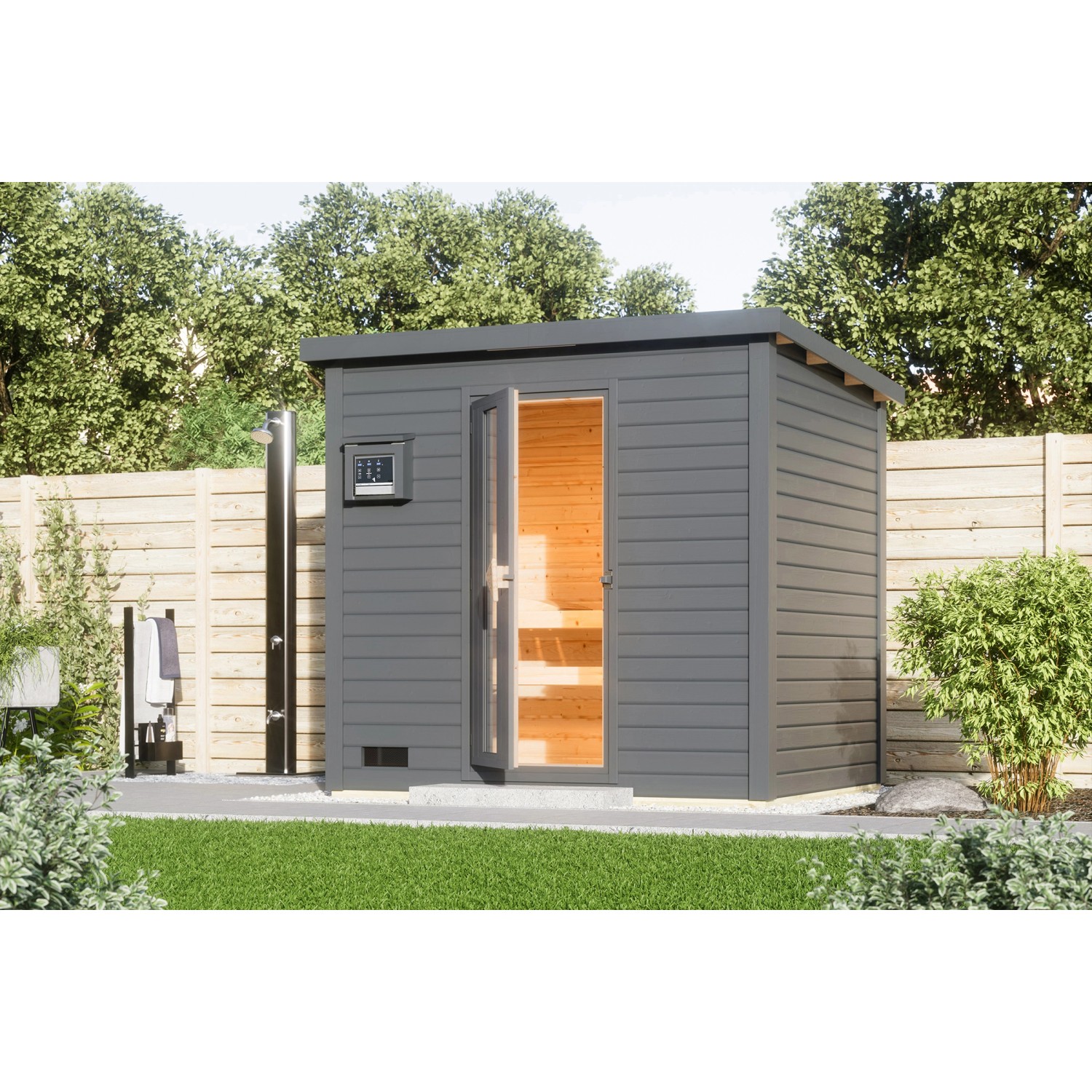 Karibu Saunahaus Arvi 3 Set mit Ofen 9 kW Externe Steuerung Terragrau günstig online kaufen