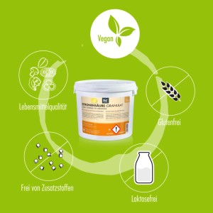 Eimer Höfer Chemie Zitronensäure Granulat 5kg in Lebensmittelqualität, mit Hinweisen zu Vegan, Gluten- und Laktosefrei.