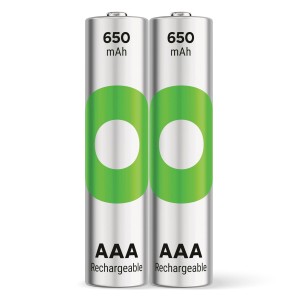 2er-Pack GP Recyko AAA Akkus, 650 mAh, wiederaufladbar für z.B. DECT Telefone.