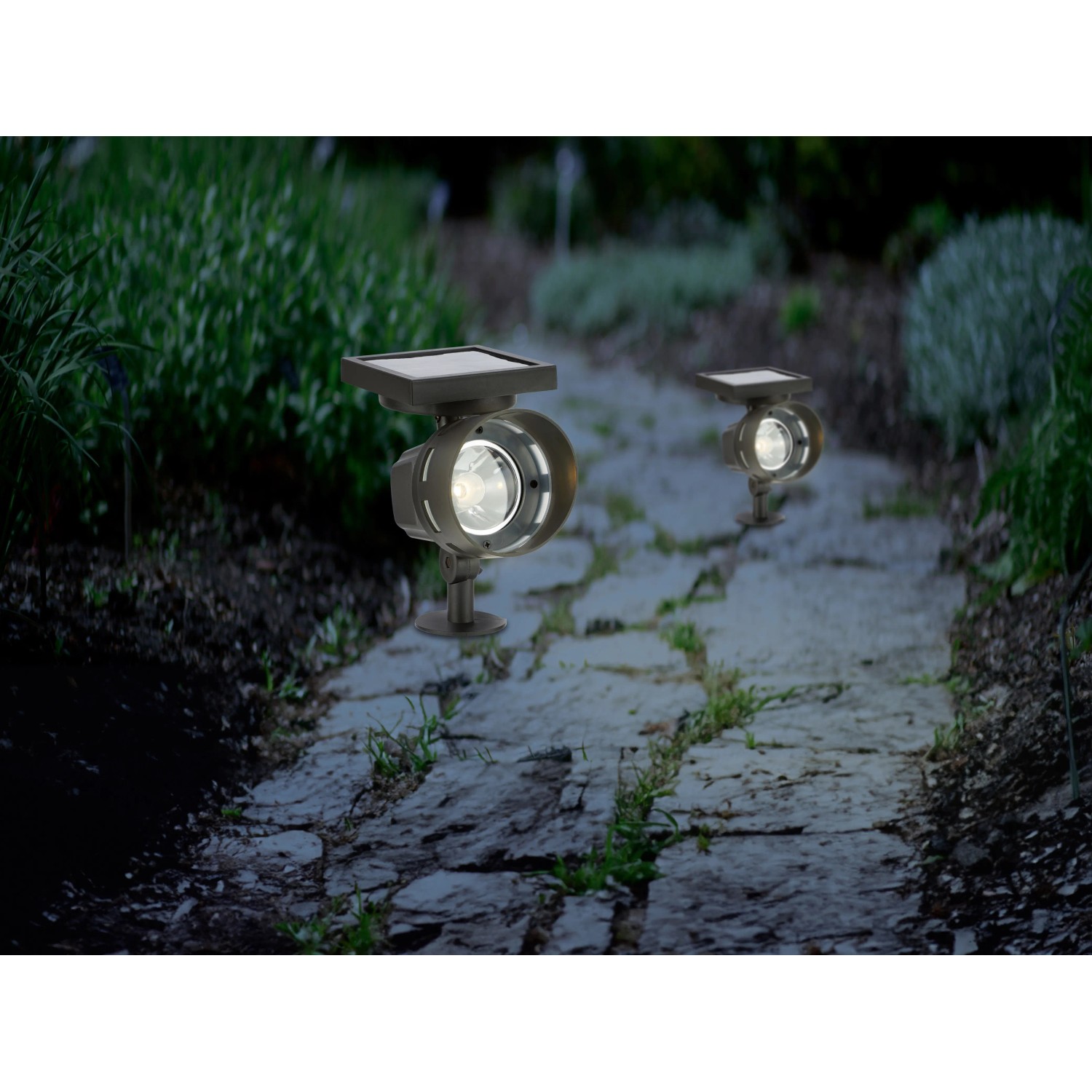 Solar-LED-Spot in Schwarz, warmweißes Licht, zur Beleuchtung von Gartenwegen und Pflanzen.