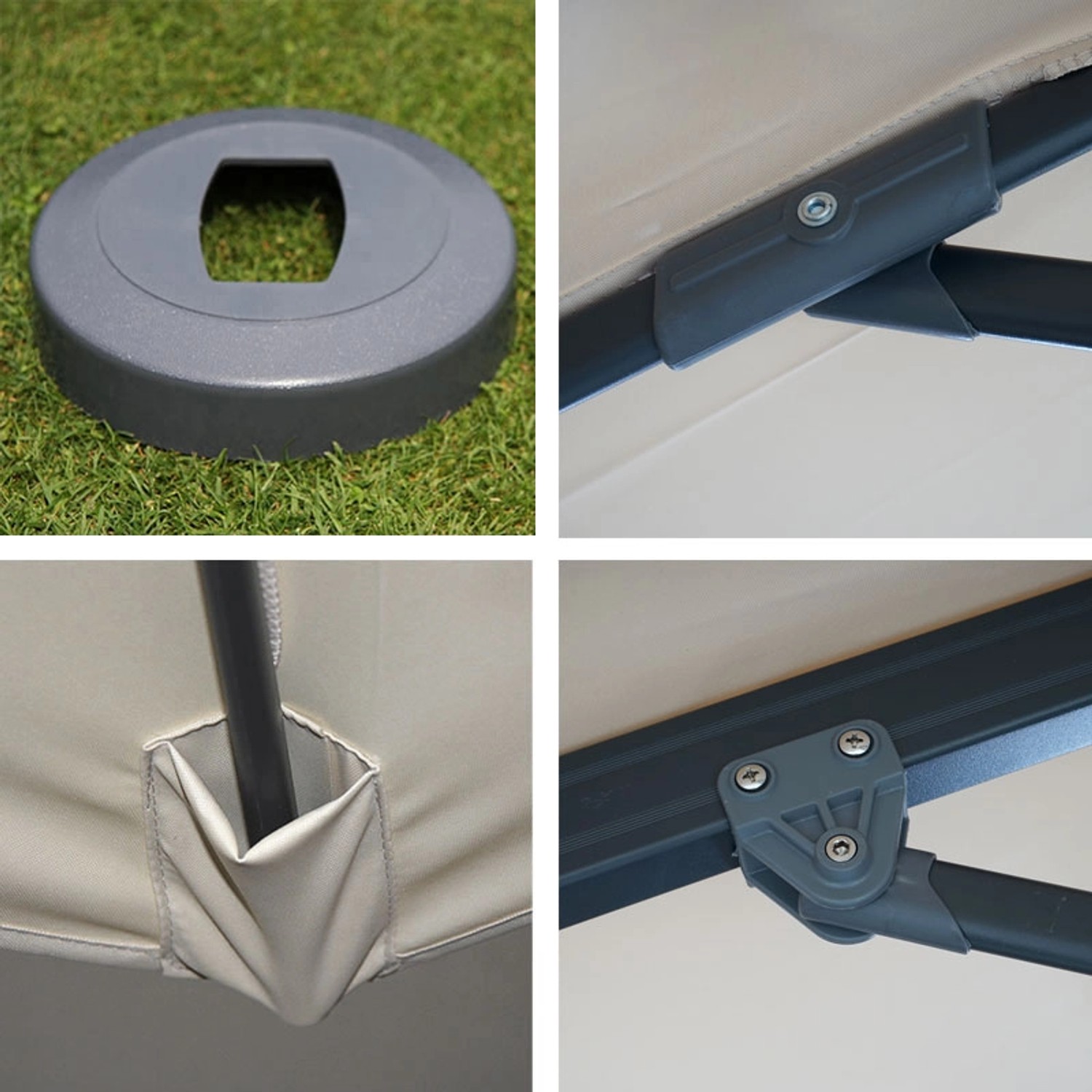 Details des MCW Ampelschirm A96 Ø 4m: Ständer, Befestigung, Streben und Mastfuß.