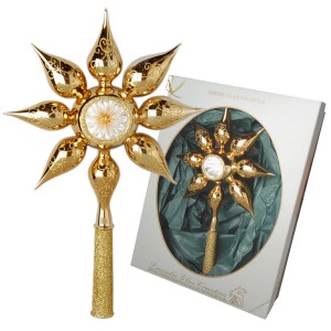 Goldene Krebs Glas Lauscha Christbaumspitze in Sternenform, 32cm, mit filigranen Details.