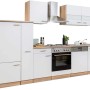 Respekta Küchenzeile 310 cm in Weiß und Eiche Sägerau ohne Elektrogeräte.