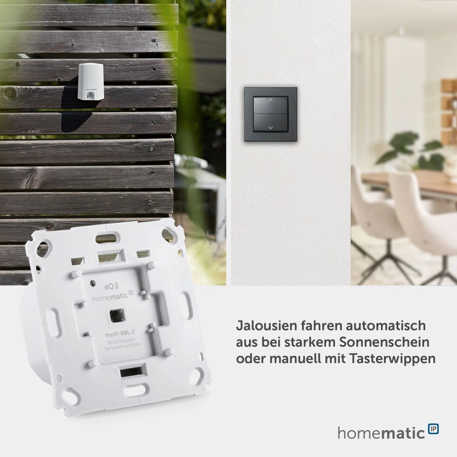 HmIP Jalousieaktor für Markenschalter, verschiedene Montagesituationen im Überblick.