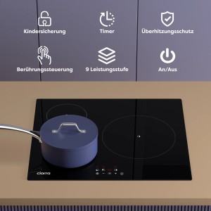 CIARRA Induktionskochfeld 60cm mit Topf. Schwarzes Kochfeld mit 3 Kochzonen und Touch-Bedienung.