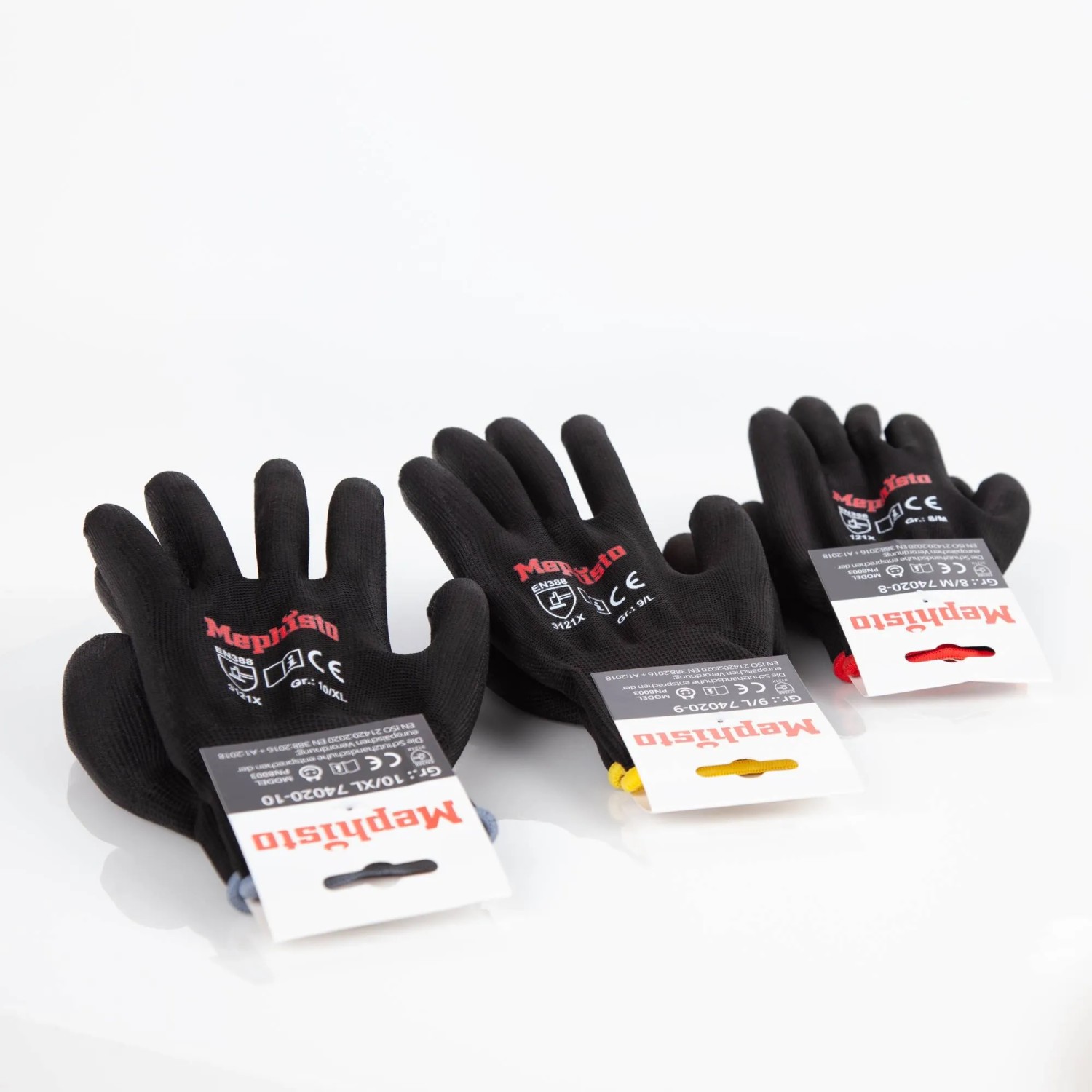 Mephisto Arbeitshandschuhe, schwarze Montagehandschuhe im Set mit Größenetikett.