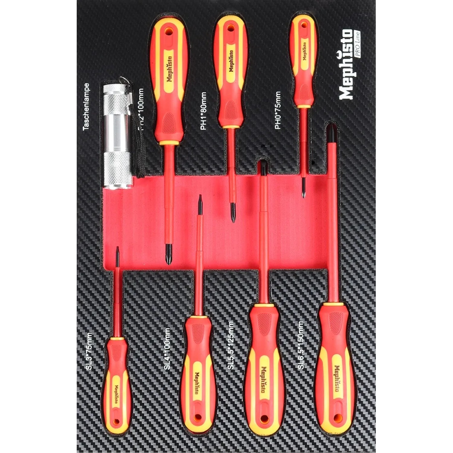 Mephisto Werkzeugwagen: Schraubendreher-Set und Taschenlampe im Werkzeugwagen-Einsatz.