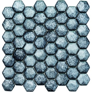 Mosaikmatte Ebru Hexagon Glas Grau, 29x29cm. Graue Mosaikfliesen in Sechseck-Form.