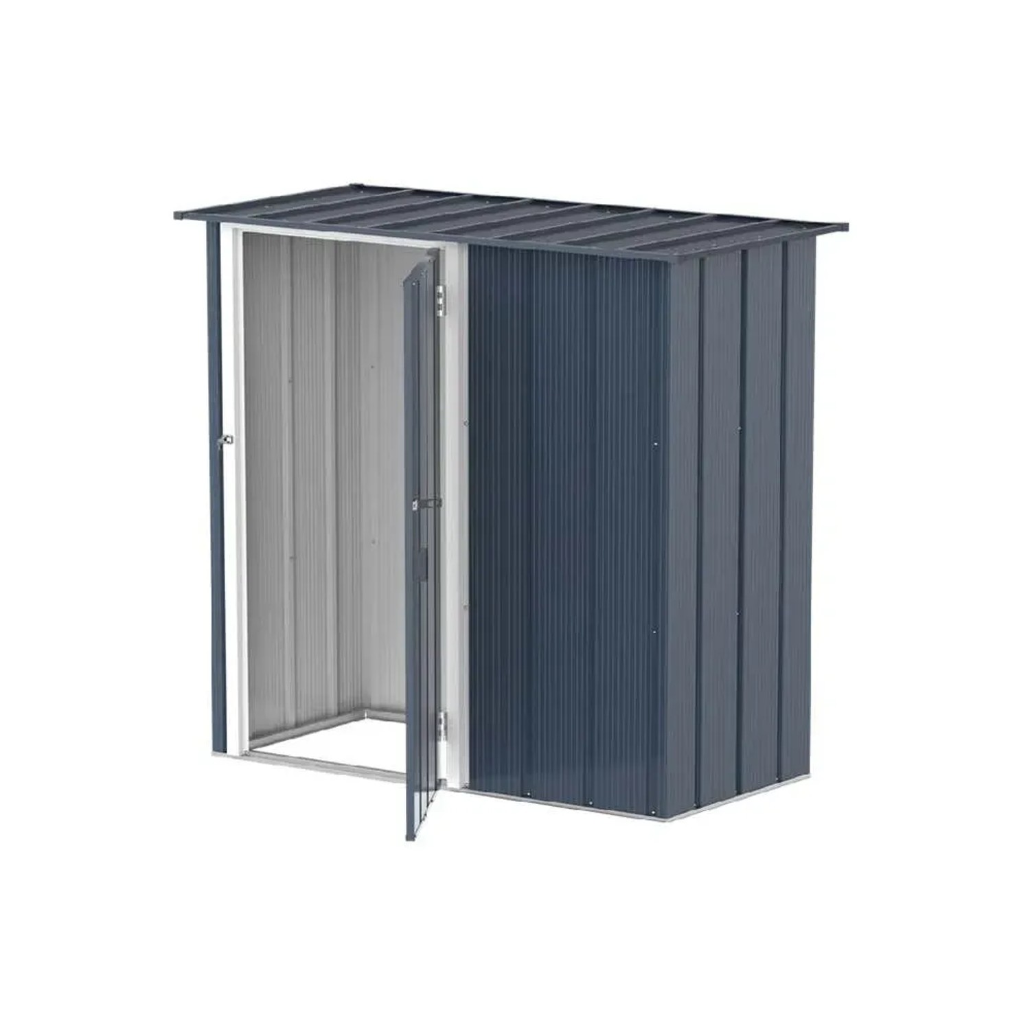 DURAMAX Metall-Gerätehaus Easy 1,5x0,6m in Anthrazit mit geöffneter Tür.
