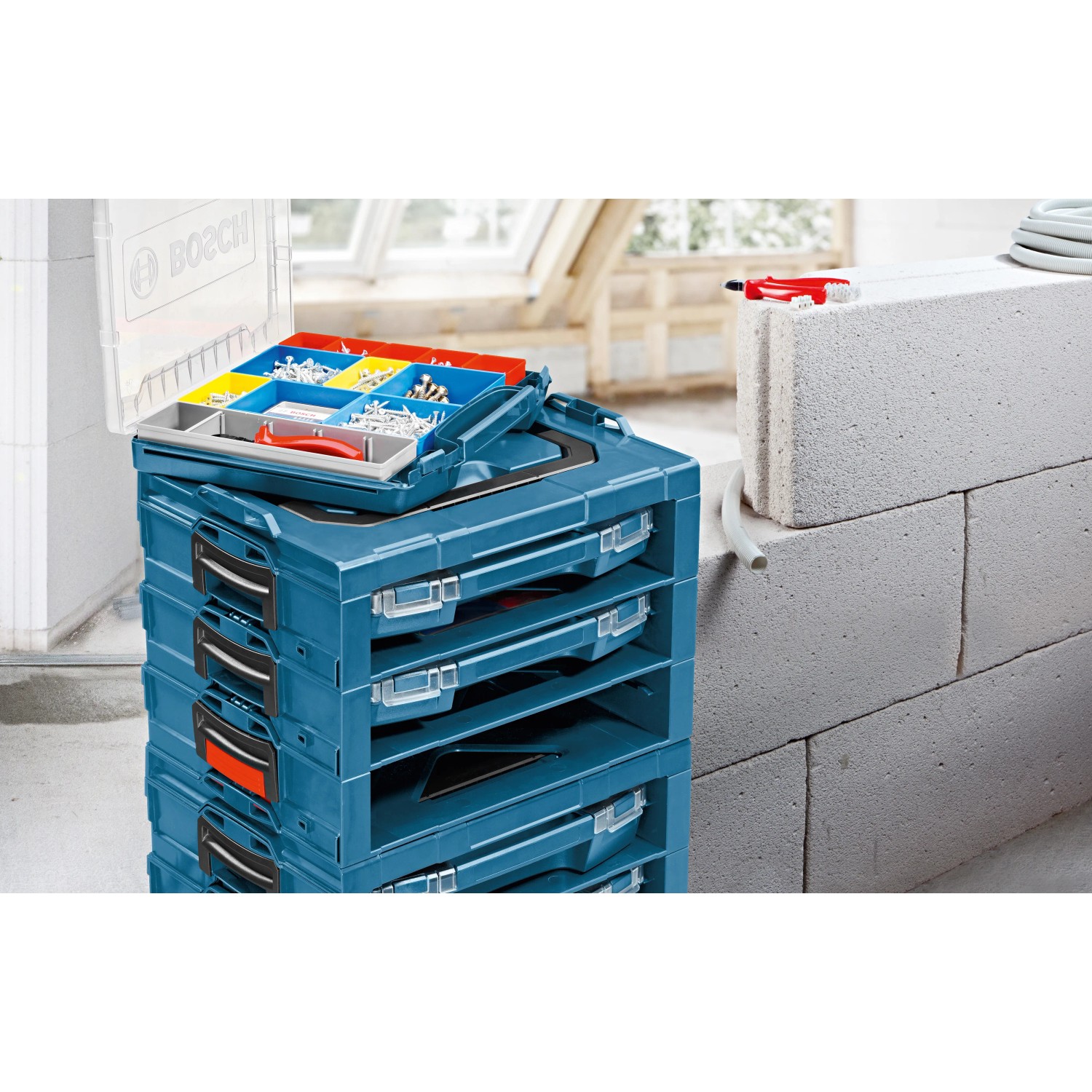 Bosch Professional i-Boxx Shelf Aufbewahrungssystem mit Deckel, blau, für Werkzeug und Kleinteile.