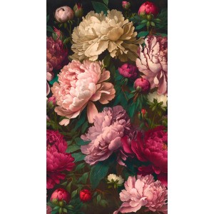 Fototapete mit Blumenmuster in Rosa, Rot, Pink und Grün-Braun für ein romantisches Ambiente.