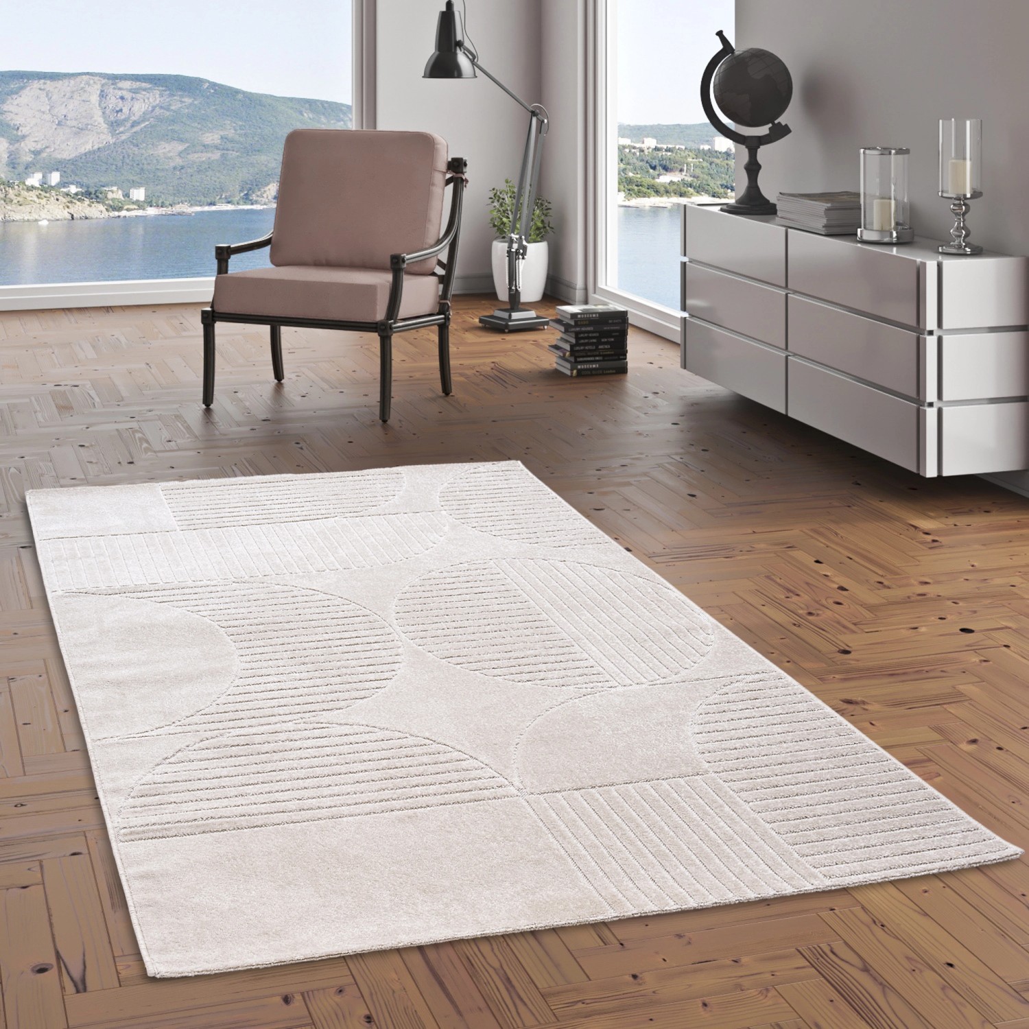 Pergamon In & Outdoor Teppich Classy Creme, 160x230cm, mit geometrischem Muster.