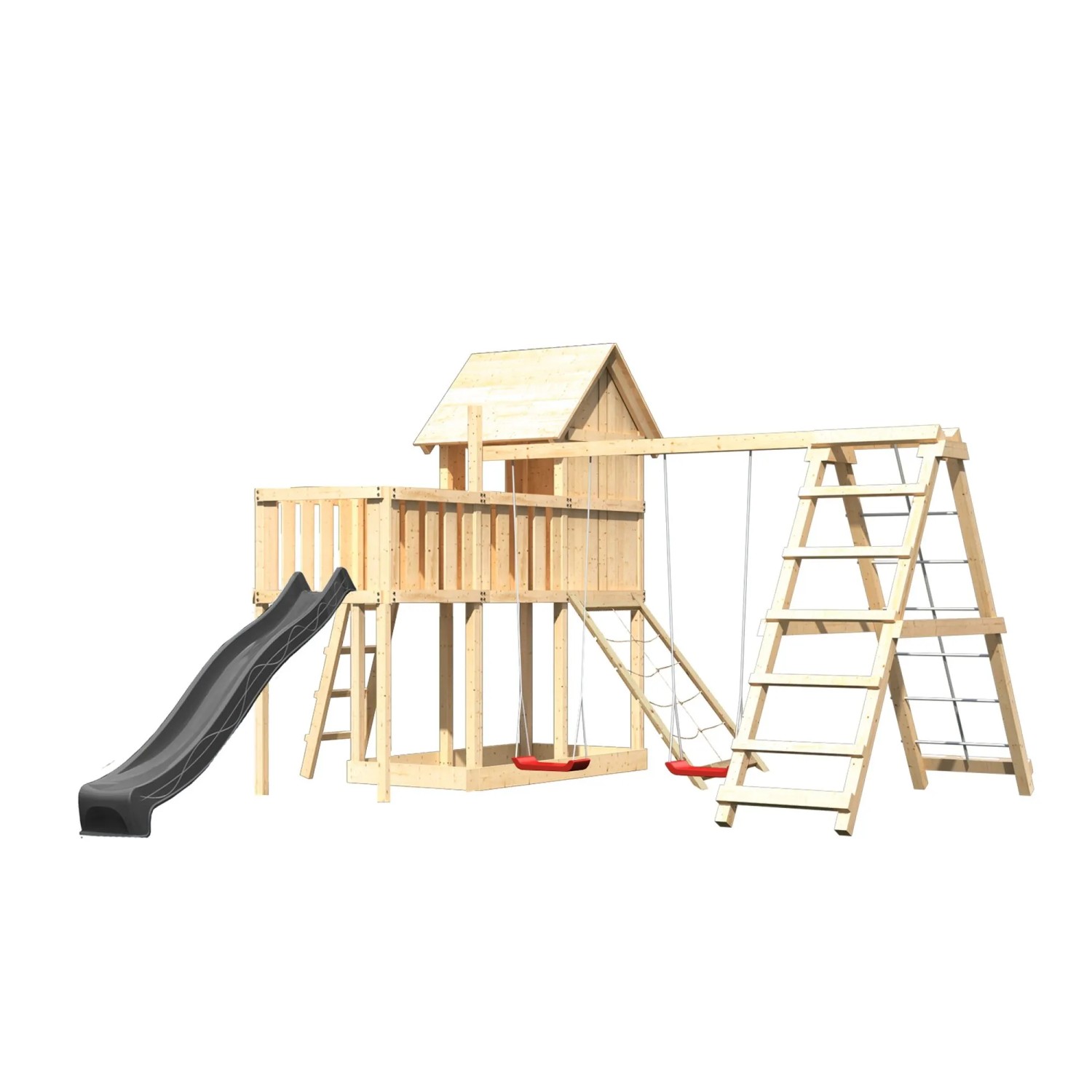 Karibu Spielhaus Frieda mit Rutsche Doppelschaukel Gerüst Plattform u. Rampe